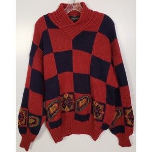 VTG Valentino Boutique Mens Sz 50/40 Wool Grandpa Sweater Thick Red Blue Check